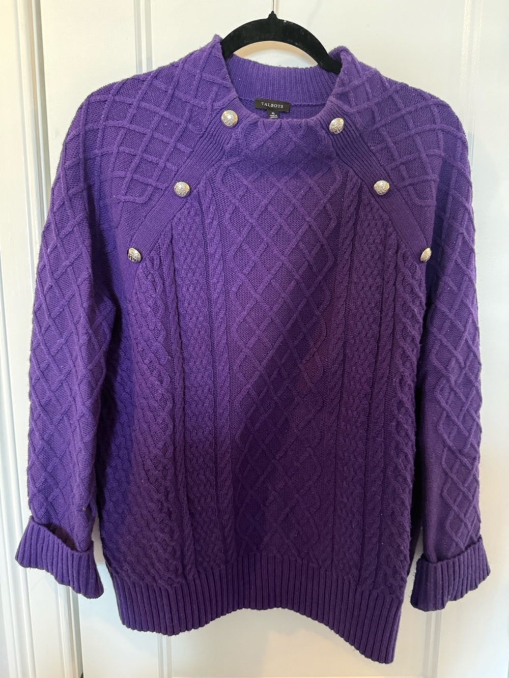 Talbots Vibrant Purple Cable-Knit Button-Accent Sweater